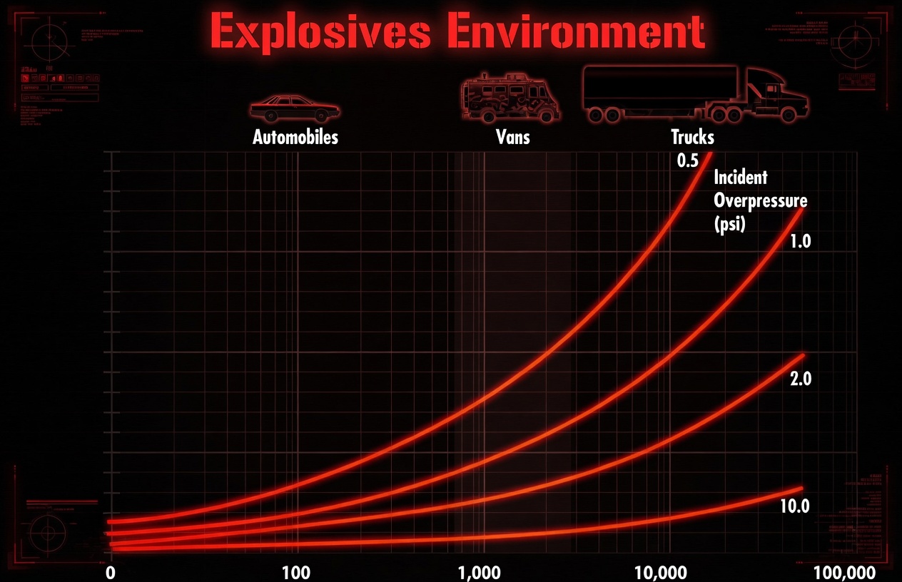 Incident overpressure versus net explosive weight for automobile, van, and truck-class vehicle-borne charges